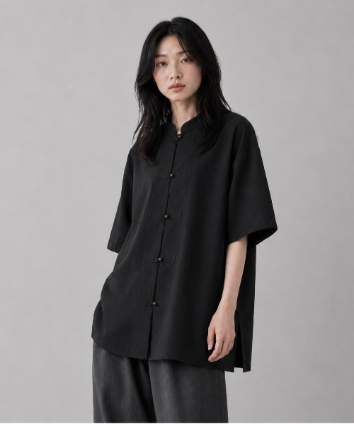 Shanghai チャイナシャツ　フェードブラック墨黒　カンフーシャツシャンハイ ブラウス シャツ 半袖 KUNG-FU SHIRT カンフーシャツ チャイナシャツ
