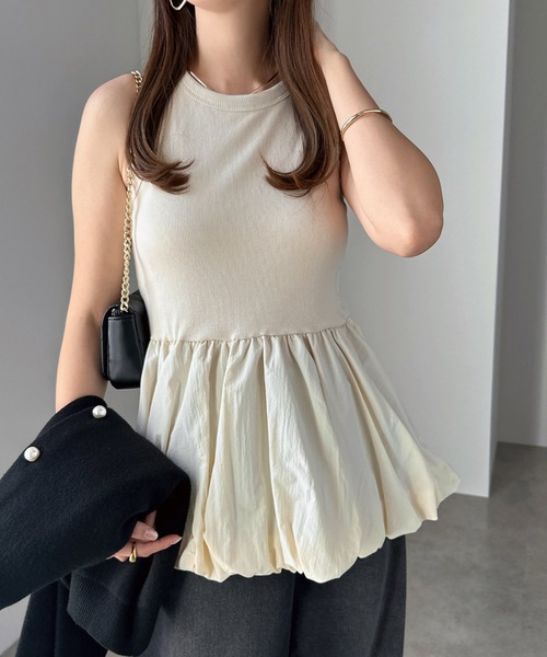 andme タンクトップ ノースリーブ テレコリブカップ付きペプラム