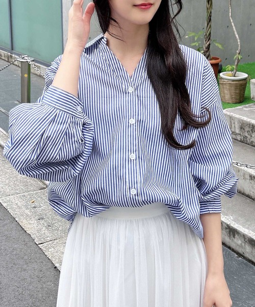ブラウス シャツ トリムストライプバックタックシャツ レディース トリムストライプバックタックシャツ|allureville OFFICIAL SITE