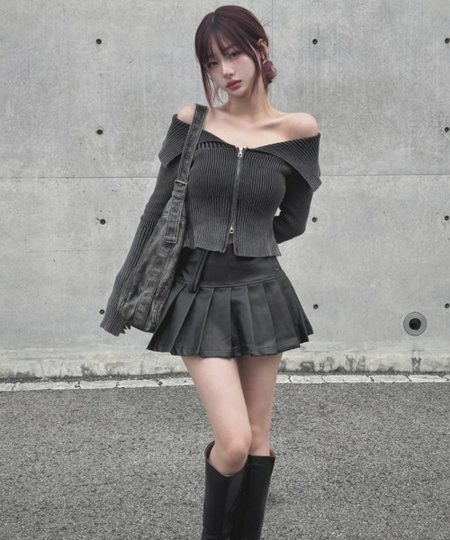 ニット セーター ダブルジップオフショルダートップス レディース メンズ Lae ニット セーター ダブルジップオフショルダートップス
