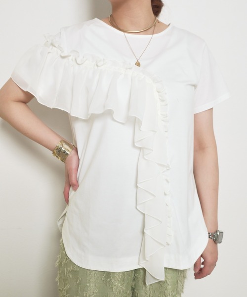 tシャツ アシンメトリー シフォンフリル ドッキングデザインTOPS レディース