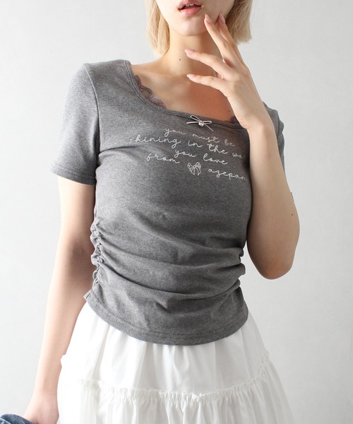 【日本製】ドットリボン半袖カットソー【アンプリ】 SPINNS tシャツ 肩リボン半袖カットソー/ドット/水玉柄