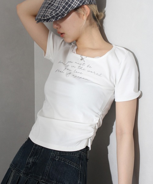 SpRay tシャツ ハクロゴプリントリボントップス レディース