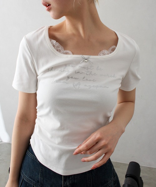 【日本製】ドットリボン半袖カットソー【アンプリ】 SPINNS tシャツ 肩リボン半袖カットソー/ドット/水玉柄