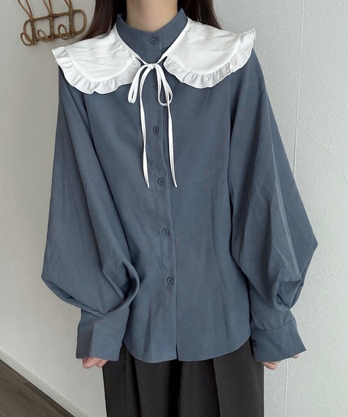 Cham. ブラウス シャツ バンドカラーバルーンスリーブシンプル