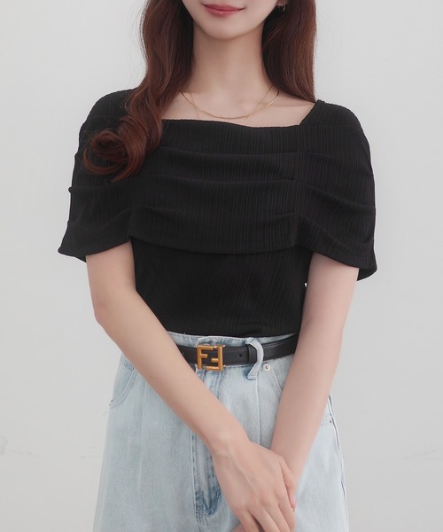 tシャツ オフショルZIPカットTEE　579429 レディース tシャツ オフショル風スクエアネックドレープリブカットソー