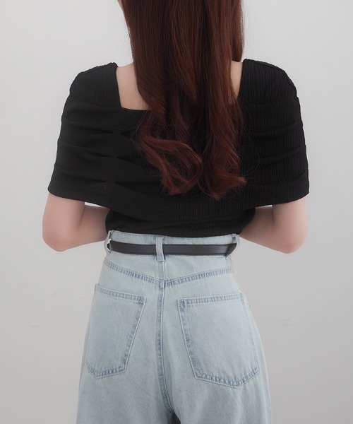 tシャツ オフショル風スクエアネックドレープリブカットソー