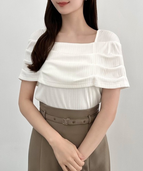 CENEA（セネア） tシャツ オフショル風スクエアネックドレープリブ