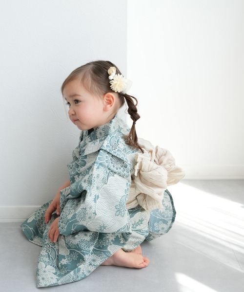 utatane 浴衣 キッズ浴衣3点セット ひよこ商店 青碧色に菊爛漫 キッズ