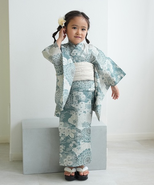 浴衣 キッズ浴衣3点セット ひよこ商店 青碧色に菊爛漫 キッズ 子供 女の子の画像