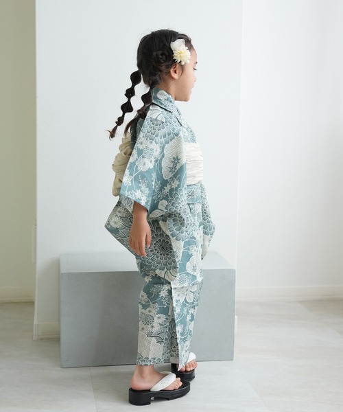 浴衣 キッズ浴衣3点セット ひよこ商店 青碧色に菊爛漫 キッズ 子供 女の子の画像