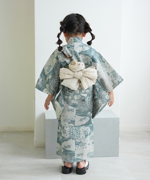 浴衣 キッズ浴衣3点セット ひよこ商店 青碧色に菊爛漫 キッズ 子供 女の子の画像