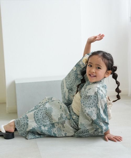 浴衣 キッズ浴衣3点セット ひよこ商店 青碧色に菊爛漫 キッズ 子供 女の子の画像