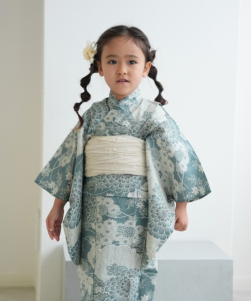 浴衣 キッズ浴衣3点セット ひよこ商店 青碧色に菊爛漫 キッズ 子供 女の子の画像