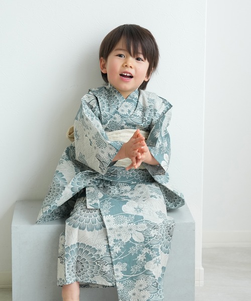 浴衣 キッズ浴衣3点セット ひよこ商店 青碧色に菊爛漫 キッズ 子供 女の子の画像