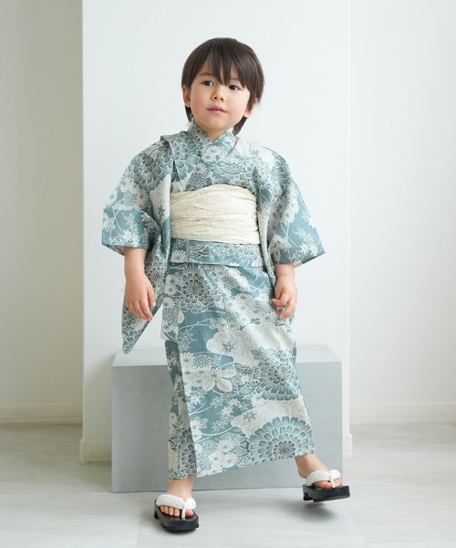 浴衣 キッズ浴衣3点セット ひよこ商店 青碧色に菊爛漫 キッズ 子供 女の子の画像