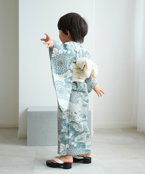 浴衣 キッズ浴衣3点セット ひよこ商店 青碧色に菊爛漫 キッズ 子供 女の子の画像
