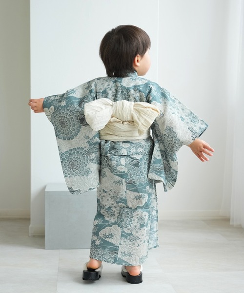 浴衣 キッズ浴衣3点セット ひよこ商店 青碧色に菊爛漫 キッズ 子供 女の子の画像