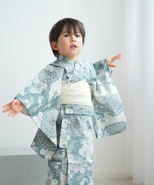 浴衣 キッズ浴衣3点セット ひよこ商店 青碧色に菊爛漫 キッズ 子供 女の子の画像