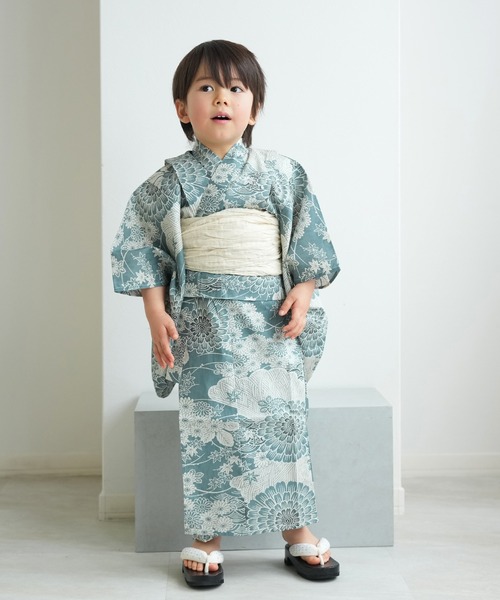 浴衣 キッズ浴衣3点セット ひよこ商店 青碧色に菊爛漫 キッズ 子供 女の子の画像