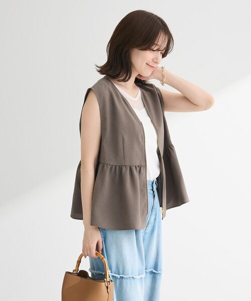 Green Parks（グリーンパークス） ベスト ジレ 麻調ペプラムzipベスト