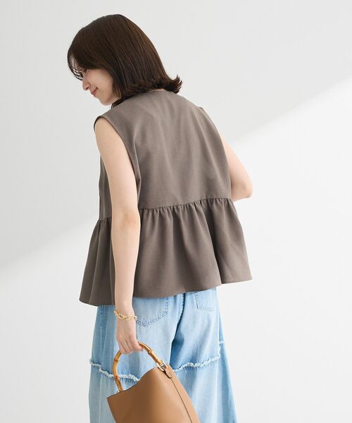 Green Parks ベスト ジレ 麻調ペプラムzipベスト レディース