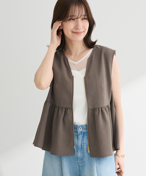 Green Parks ベスト ジレ 麻調ペプラムzipベスト レディース