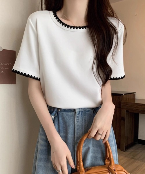 tシャツ 衿袖トリミング刺しゅう半袖Tシャツ レディース