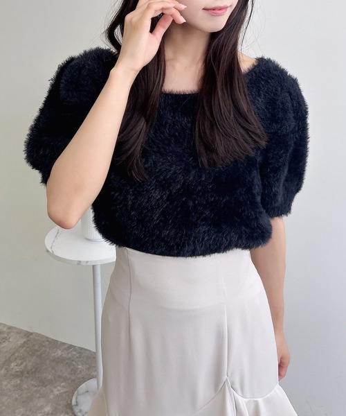 エムズグレイシー ニット セーター 半袖 バックリボン ビジュー ハイネック 黒 MAJESTIC LEGON（マジェスティックレゴン） ニット セーター リボン
