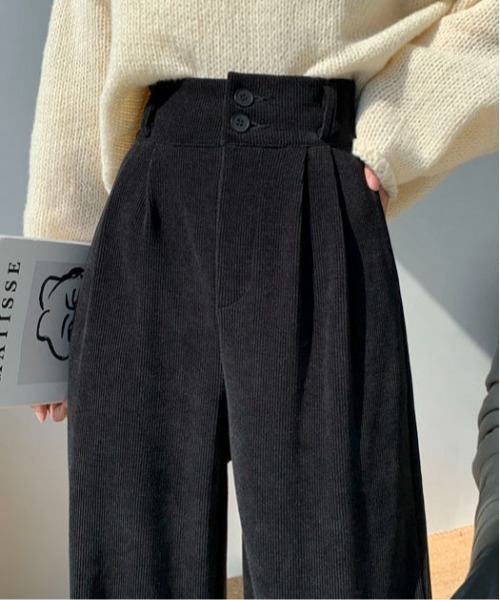 Maison Calme パンツ ハイウエストコーデュロイタックパンツ ゆったり