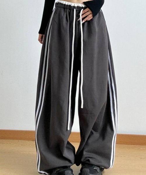 ワイドパンツ パンツ ストライプ入りワイドパンツ レディース