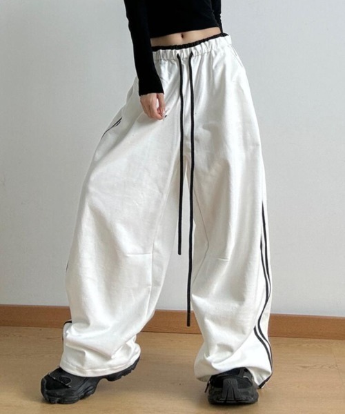 ワイドパンツ パンツ ストライプ入りワイドパンツ レディース