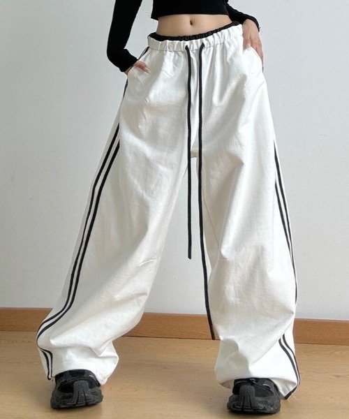 ワイドパンツ パンツ ストライプ入りワイドパンツ レディース