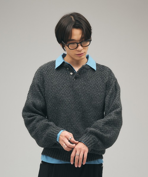 Adoon plain セーター ニット Heavy Pique Henry Neck Knit / 鬼鹿の子