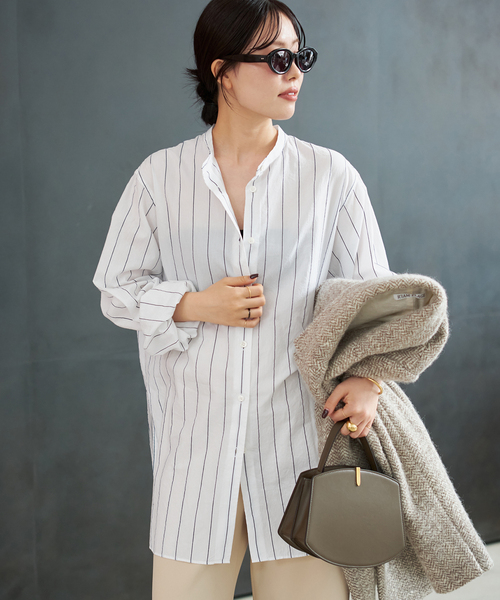 plageプラージュ　R’IAMストライプシャツ　ブラウス　バンドカラー　シルク plage（プラージュ） ブラウス シャツ R'IAM ストライプシャツ