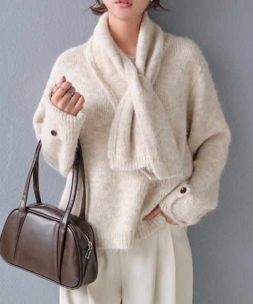 ニット セーター マフラー付き ミックスヤーン ニットプルオーバー