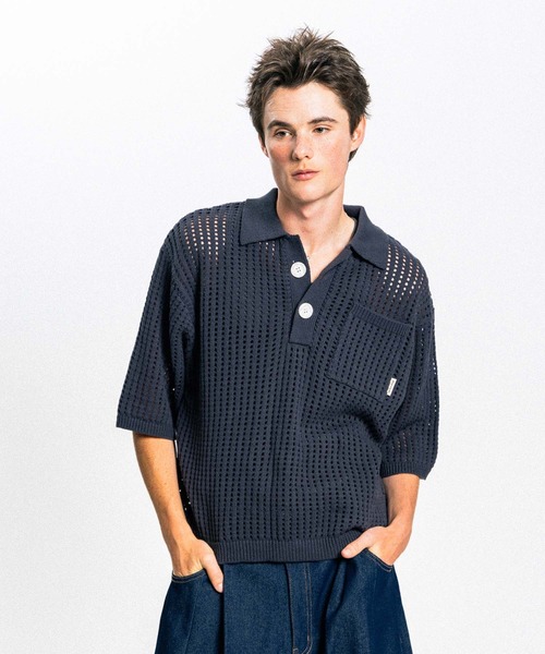 Elanque ポロシャツ 半袖 open mesh knit polo shirt / 透かし編み