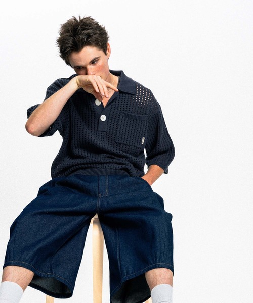 Elanque ポロシャツ 半袖 open mesh knit polo shirt / 透かし編み
