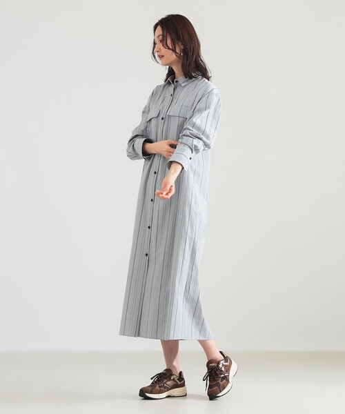 デミルクスビームス リップル ティアードワンピース ロング ストライプ 青白 M Demi-Luxe BEAMS（デミルクス ビームス） ワンピース 「7/24値下げ