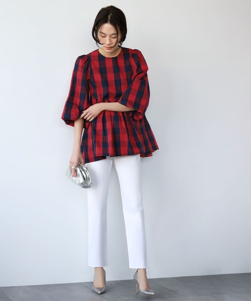 エルフランク ELFRANK 2WAYブロックチェックオフショルダーブラウス【洗える】 （ブラックチェック） ELFRANK ブラウス シャツ 2WAYブロックチェックオフショルダー