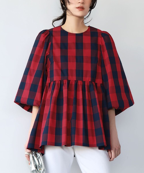 エルフランク ELFRANK 2WAYブロックチェックオフショルダーブラウス【洗える】 （ブラックチェック） ELFRANK ブラウス シャツ 2WAYブロックチェックオフショルダー