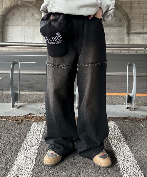 ワイドパンツ ジーンズ 切り替えオーバーダイデニム メンズ レディース