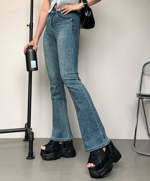 sny fashionストーン装飾デニムパンツ non-hedge ジーンズ デニム デニムパンツ ストーンフレアデニム