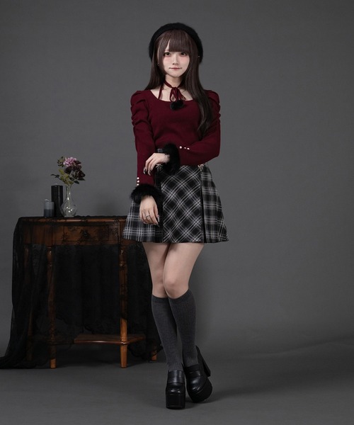 Pal elfy ニット セーター ファー付きリボン袖コンシャスニット