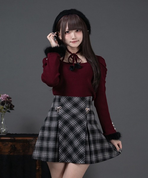 Pal elfy ニット セーター ファー付きリボン袖コンシャスニット