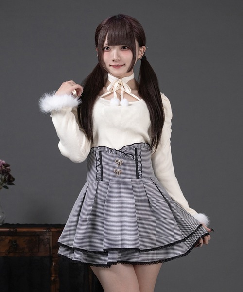 Pal elfy ニット セーター ファー付きリボン袖コンシャスニット