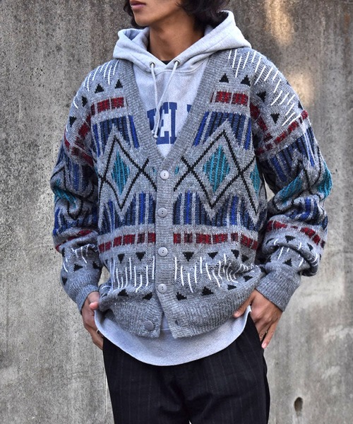 90s 総柄 ニット カーディガン グレー レトロ ヴィンテージ 日本製 VINTAGE カーディガン 「ヴィンテージ古着」90's GET WORN 総柄