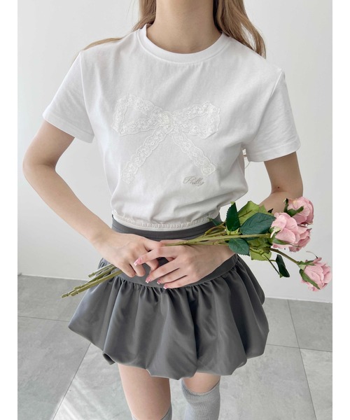 レースフリル　グレーリブ　半袖 T シャツ　レディース　スリム脚長　miu ロゴ PHILLY（フィリー） tシャツ 「PHILLY」レースリボンTシャツ