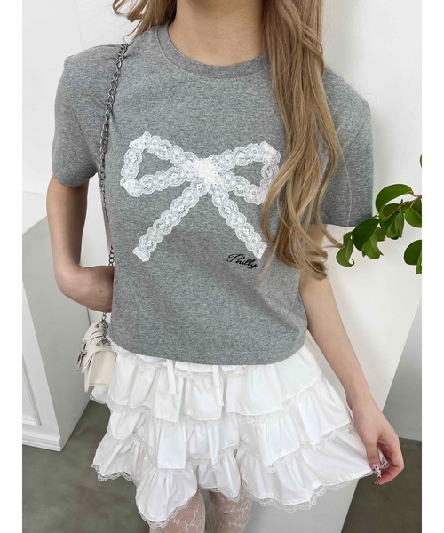 レースフリル　グレーリブ　半袖 T シャツ　レディース　スリム脚長　miu ロゴ PHILLY（フィリー） tシャツ 「PHILLY」レースリボンTシャツ