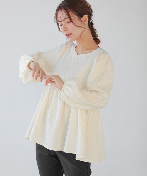 ハートネックダイヤジャガードペプラムトップス レディース Fit more ハートネックダイヤジャガードペプラムトップス